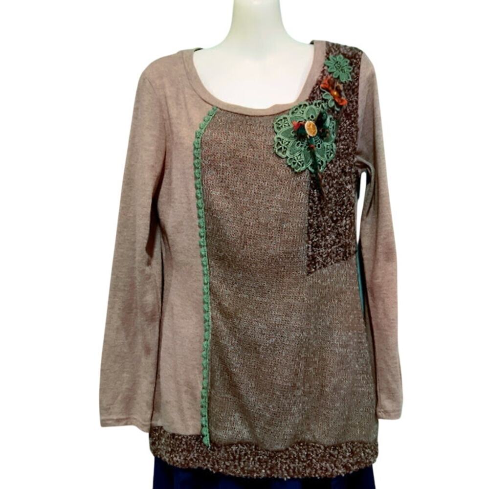 Farinelli  Boho Tunic Sweater, Attached Decoration, Beiges, Brown, Green, Sz M‎